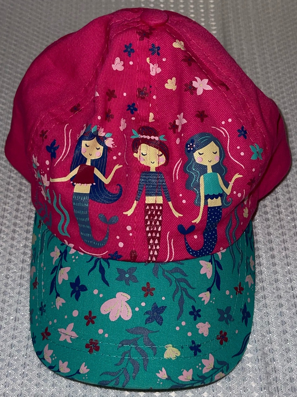 Kids Pink & Teal Mermaid Baseball Cap - Cute Mermaid Print - EUC